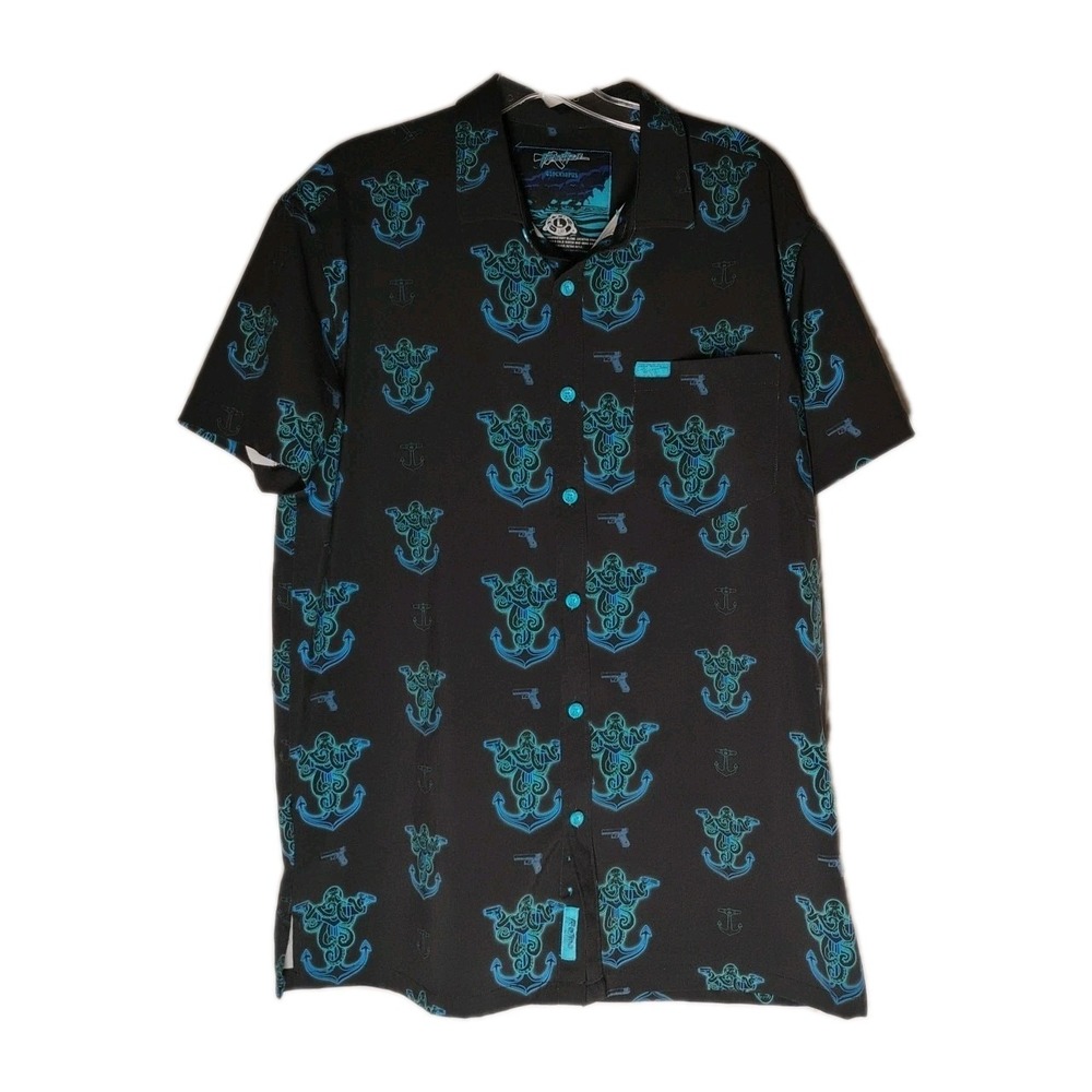 Retro Rifle‎ Shirt Mens LARGE Glocktopus Black Blue Guns Anchor Octopus Hawaiian